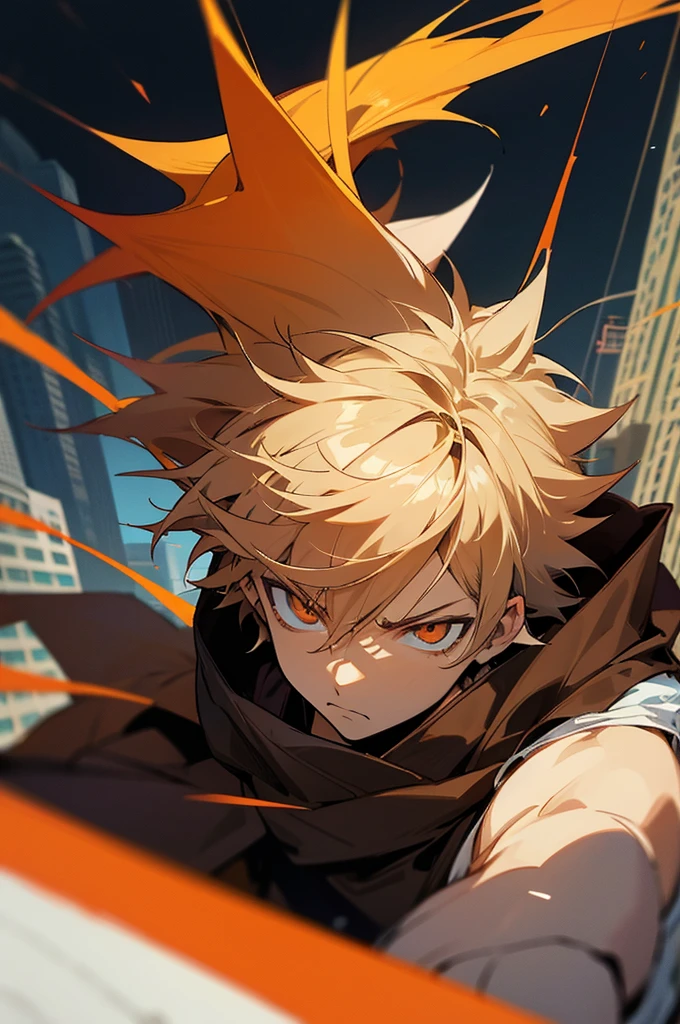 anime, light skin, eyes orange, serious, on city, male adult, spiky messy hair color brown dark down, antagonist, warrior