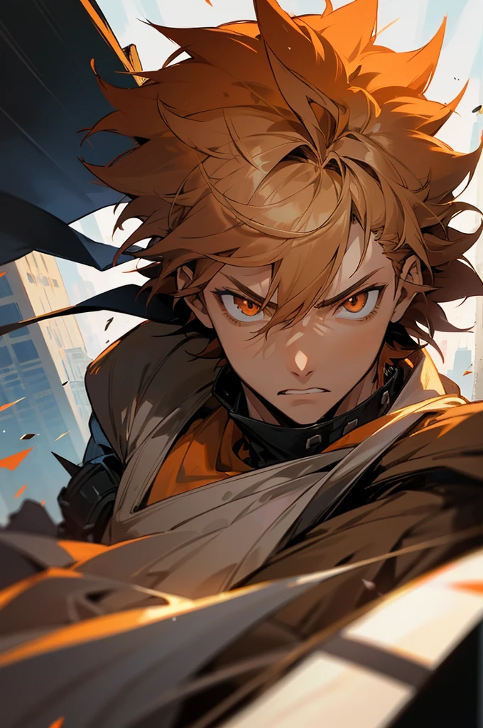 anime, light skin, eyes orange, serious, on city, male adult, spiky messy hair color brown dark down, antagonist, warrior