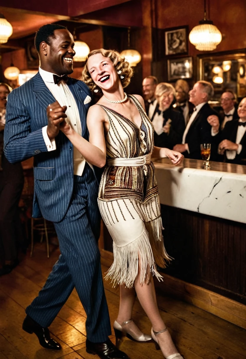 Black man dressed in a 1920s style African designed suit and white German woman dressed in 1920s style European attire, both smiling and dancing together, spotlight shines on them as a jazz band plays music in the background. In a bar full of joyous people. 1920s style of art.
