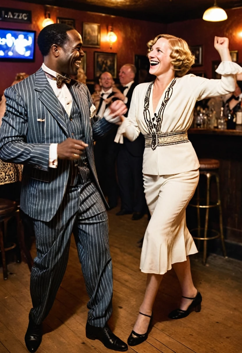 Black man dressed in a 1920s style African designed suit and white German woman dressed in 1920s style European attire, both smiling and dancing together, spotlight shines on them as a jazz band plays music in the background. In a bar full of joyous people. 1920s style of art.