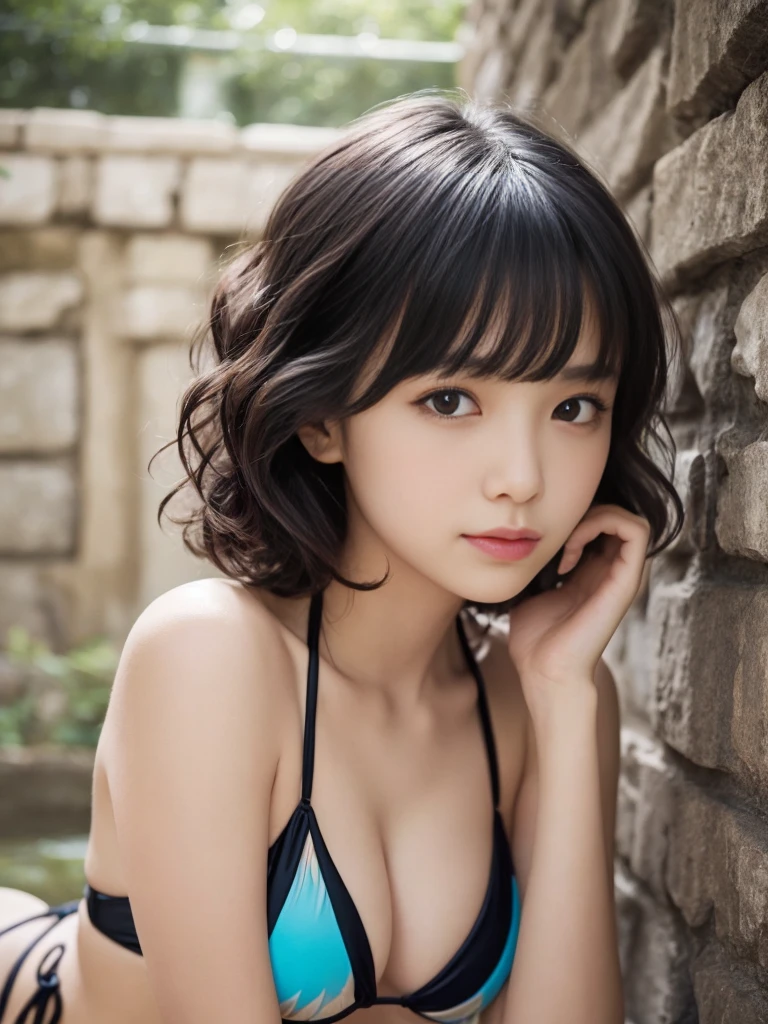 (Highest quality, Very detailed, masterpiece:1.2), 1 women, Very thin body, length, Thin legs, ((Black wavy short layered cut hair hair:1.2)), ((Thick and fluffy bangs)), Very detailedな顔,A faint smile, small, Thin Nose, small thin mouth, Extremely sharply focused eyes, Japanese, Beautiful Face, Realistic eyes, Beautiful and beautiful eyes, Realistic Skin, Beautiful Skin, charm, (A vivid face), Beautiful Hairstyles,((colorful-color bikini)),脇を見せる,腕を上げる,Creepy and unique hairstyles,下からのアングル, High resolution, Vibrant color palette, Mysterious and mysterious stone wall, Amazing place,Characteristic dark shadows and strange details, background, Backwards