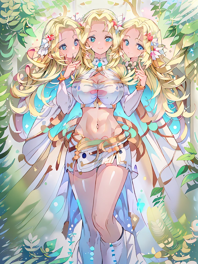 (masterpiece, best quality), best resolution, (3heads:1.5), 1girl, blonde hair, flowing hair, smiling, soft smile, open belly, white crop top, white miniskirt, open breasts, huge tits, sexy pose, beautiful eyes, mint green eyes, alluring presence, beautiful eyes, detailed eyes, slender body,