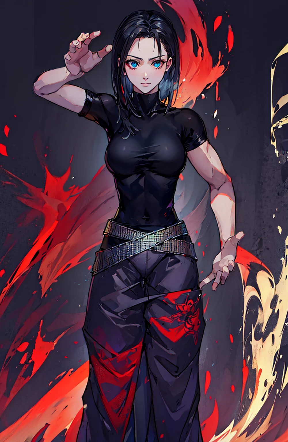 girl, short black hair, kung fu style pants, black t-shirt, muscular body