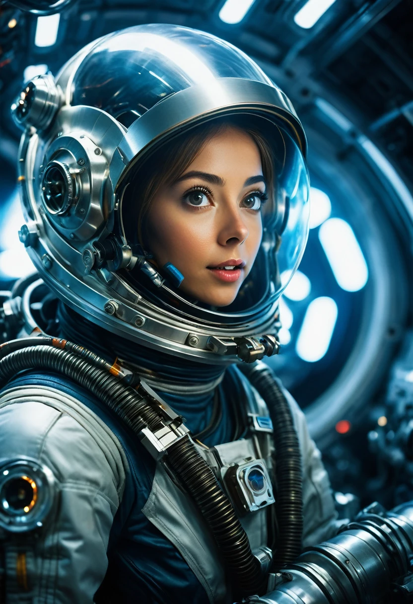 Candid photo of a female engineer repairing the engine of a huge spaceship, Wearing a tight futuristic space suit, masterpiece, (Beautiful and big eyes:1.1), Exquisite detail, Very complex iris, close, Neon Light, thick smoke, Cyberpunk atmosphere, Flash lighting, Shot with a Bolex H16, Expired Ektachrome film
