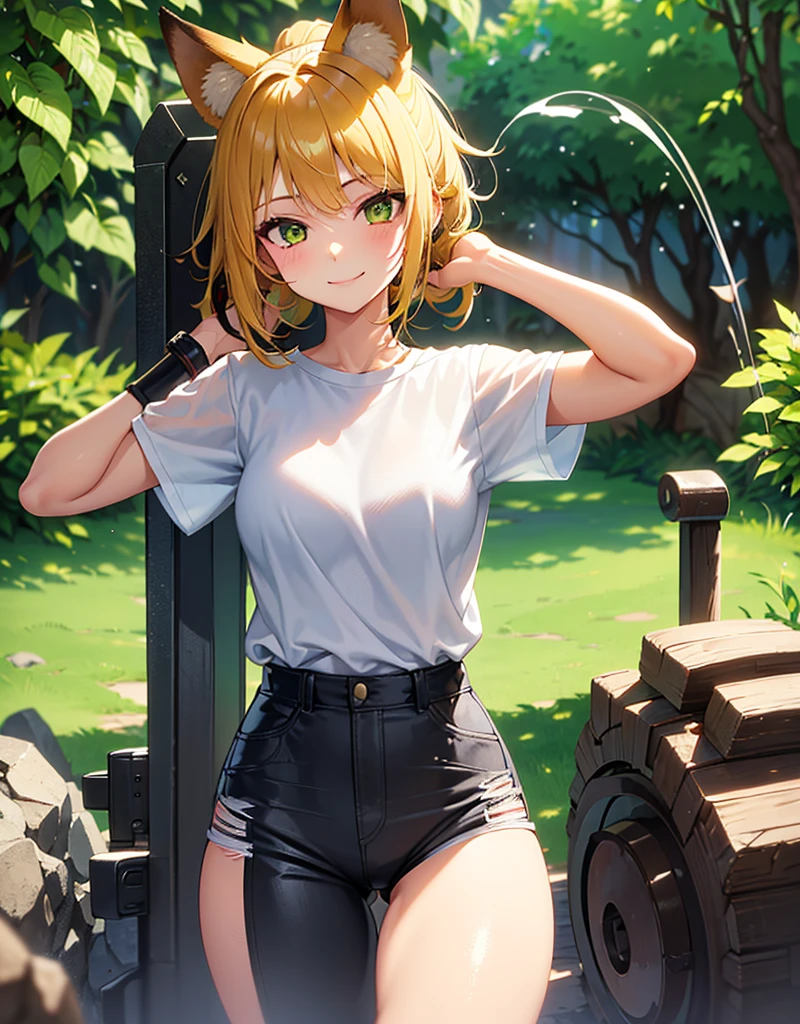 Sexy young girl, small brown fox ears, green eyes,with a very large ponytail and bangs covering her face, tight white and blue shirt, and jeans below the waist, black panties, mechanics, tool in hand, stained with dirt, happy, SMILE, Yellow hair