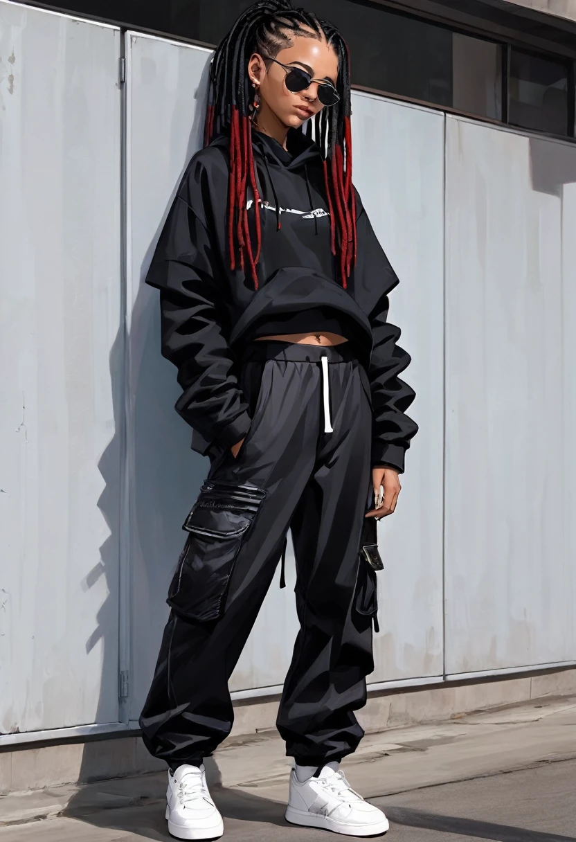 A boy with dreadlocks on his head And there is a slight slit on the side.,Black flare pants and white sneakers., rapper style, cyberpunk ,with 3 other girls