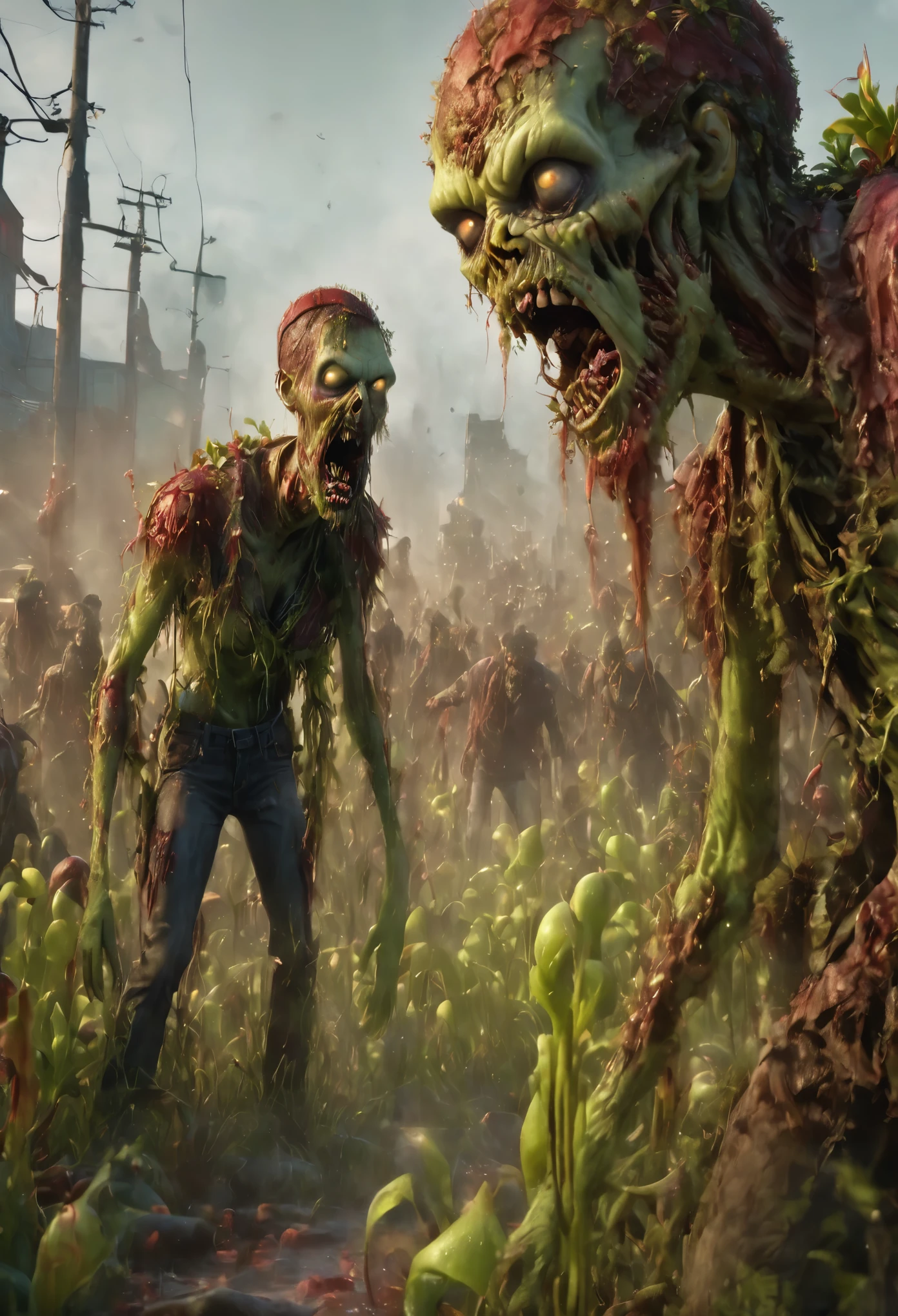 wide shot, full body, fight scene, ((carnivorous plant Vs zombie: 1.5)), vibrant and highly detailed colors, dynamic composition (best quality, 4k, 8k, high resolution, masterpiece: 1.2), ultra-detailed, (realistic , photorealistic, photorealistic: 1.37), cinematic lighting, surreal, fantasy, digital art