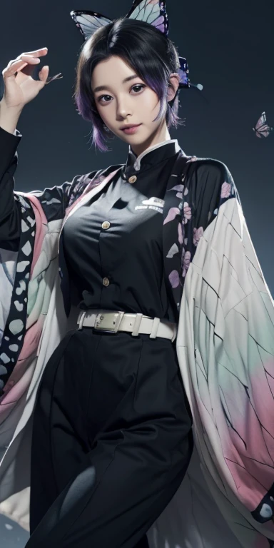 shinobukochou, shinobu kochou, animal print, black hair, butterfly, butterfly hair ornament, butterfly print, forehead, gradient hair, hair ornament, haori, multicolored hair, parted bangs, purple hair, short hair, two-tone hair,
BREAK belt, black pants, butterfly print, coat, demon slayer uniform, haori, japanese clothes, pants, uniform,
BREAK looking at viewer,
BREAK city,
BREAK (masterpiece:1.2), best quality, high resolution, unity 8k wallpaper, (illustration:0.8), (beautiful detailed eyes:1.6), extremely detailed face, perfect lighting, extremely detailed CG, (perfect hands, perfect anatomy), cleavage,