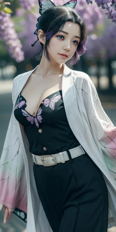shinobukochou, shinobu kochou, animal print, black hair, butterfly, butterfly hair ornament, butterfly print, forehead, gradient hair, hair ornament, haori, multicolored hair, parted bangs, purple hair, short hair, two-tone hair,
BREAK belt, black pants, butterfly print, coat, demon slayer uniform, haori, japanese clothes, pants, uniform,
BREAK looking at viewer,
BREAK city,
BREAK (masterpiece:1.2), best quality, high resolution, unity 8k wallpaper, (illustration:0.8), (beautiful detailed eyes:1.6), extremely detailed face, perfect lighting, extremely detailed CG, (perfect hands, perfect anatomy), cleavage,