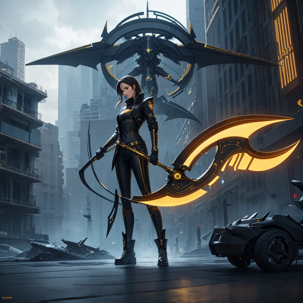 facade a technological scythe with golden energy. futuristic scythe. it should be on a construction bench