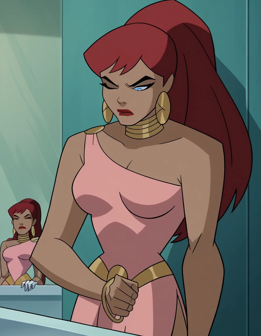 score_9, score_8_up, score_7_up, source_anime,
giganta, giganta, blue eyes, red hair, dark skin, dark-skinned female, makeup, lipstick, ponytail,
dress, jewelry, earrings, bracelet, pink dress, bored, eyes closed, eyebrows raised,
indoors, washing hands, bathroom, looking down, solo,