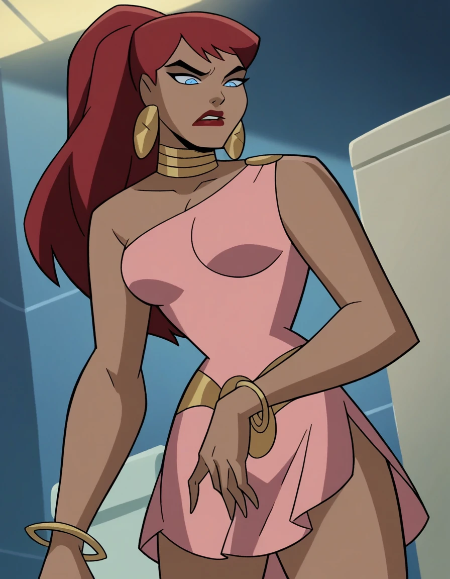 score_9, score_8_up, score_7_up, source_anime,
giganta, giganta, blue eyes, red hair, dark skin, dark-skinned female, makeup, lipstick, ponytail,
dress, jewelry, earrings, bracelet, pink dress, bored, eyes closed, eyebrows raised,
indoors, washing hands, bathroom, looking down, solo,
