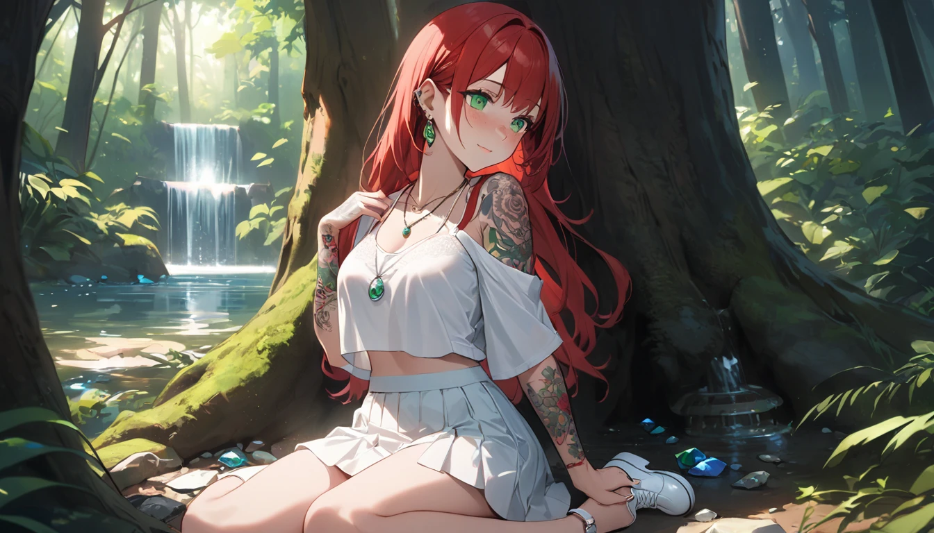 (Best Quality, Masterpiece, ultra high resolution, ultra detailed:1.2) Female gender Beautiful green eyes and melancholic expression Long red hair Light and freckled skin Wears a top with a bra shirt Wears a white silk mini skirt Footed with white cloth shoes Sitting under a tree in a forest Next to a natural fountain Porta a necklace of precious stones Has tattoos on her arms She wears long, striking earrings She holds a book of poetry in her hands She listens to soft music through headphones She smiles slightly while observing the nature around her