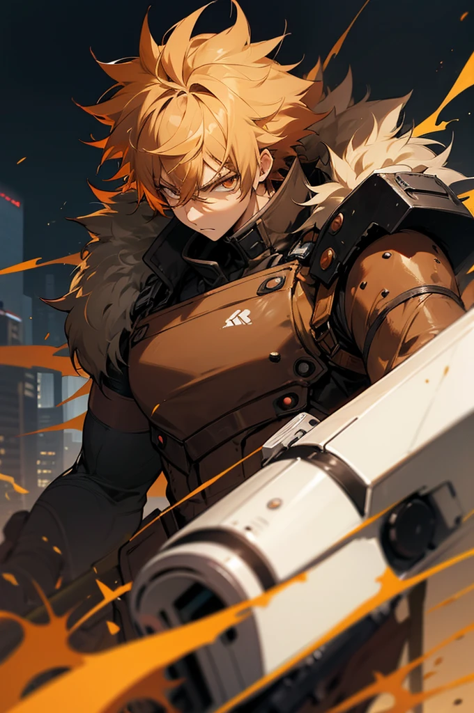 anime, light skin, eyes orange, serious, on city, male adult, spiky messy hair color brown dark, antagonist, warrior