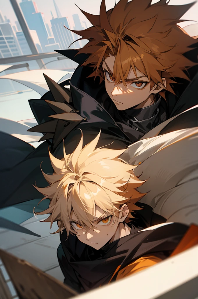 anime, light skin, eyes orange, serious, on city, male adult, spiky messy hair color brown dark, antagonist, warrior