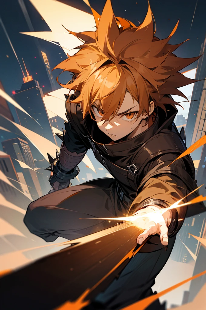anime, light skin, eyes orange, serious, on city, male adult, spiky messy hair color brown dark, antagonist, warrior