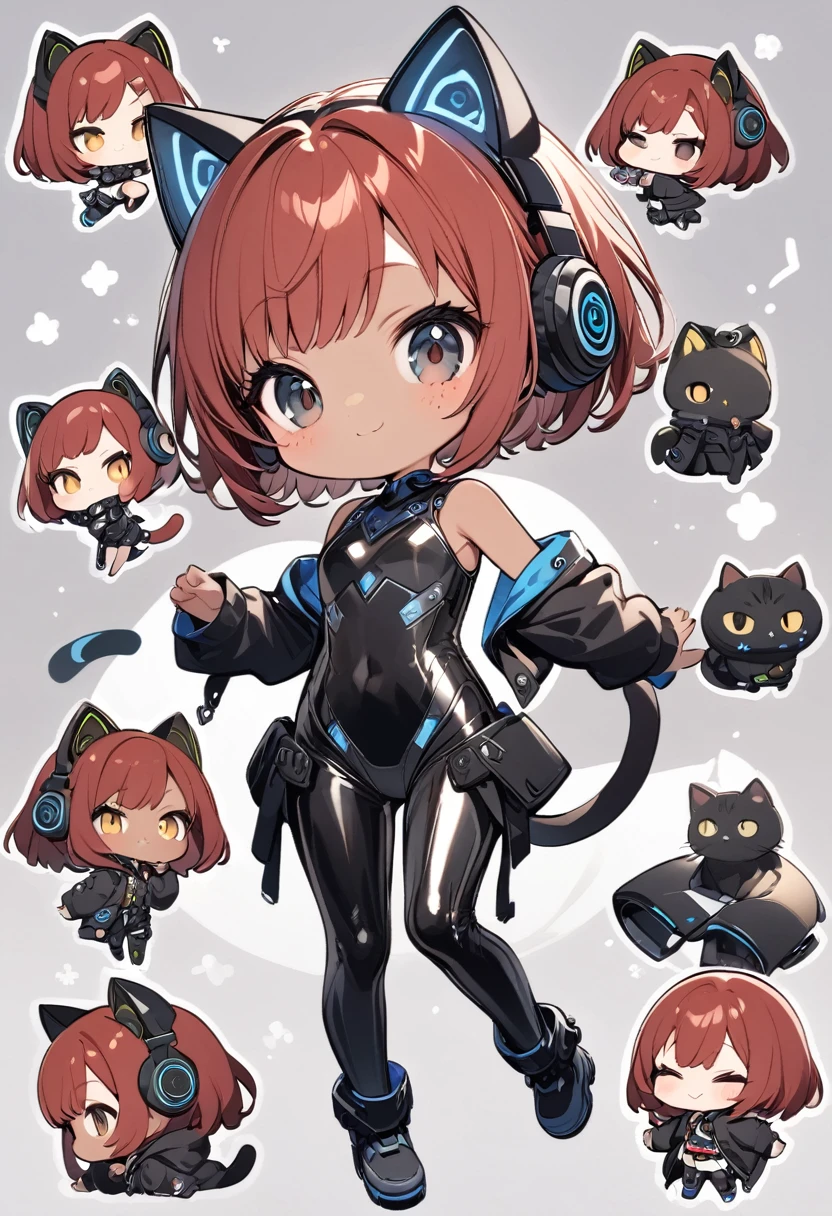 full body,1 girl,(cute:1.3),red Hair, left eye blue, right eye yellow, tan skin, freckles,{White breastplate, Black futuristic cat ear headphones, Mechanical black glossy metallic Bodysuit, Bare shoulders, oversized jacket, futuristic cat tail, Glossy, shiny material,chibi emote, chibi character, cute pose