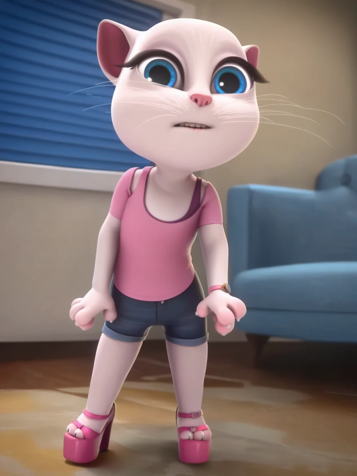 solo focus, a_la, 1girl, cat, white fur, long whiskers on both sides of the face, big bright blue eyes, big black eyelashes, small pink nose, triangular ears with pink channels, small breasts, looking at the viewer, sitting on penis, front view, fuck with legs together, platform high heels, score_9, score_8_up, score_7_up