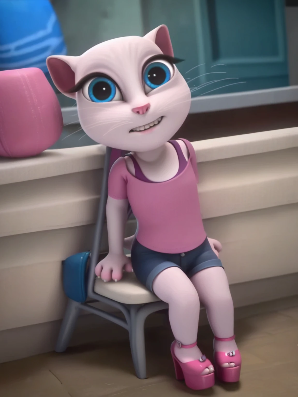 solo focus, a_la, 1girl, cat, white fur, long whiskers on both sides of the face, big bright blue eyes, big black eyelashes, small pink nose, triangular ears with pink channels, small breasts, looking at the viewer, sitting on penis, front view, fuck with legs together, platform high heels, score_9, score_8_up, score_7_up