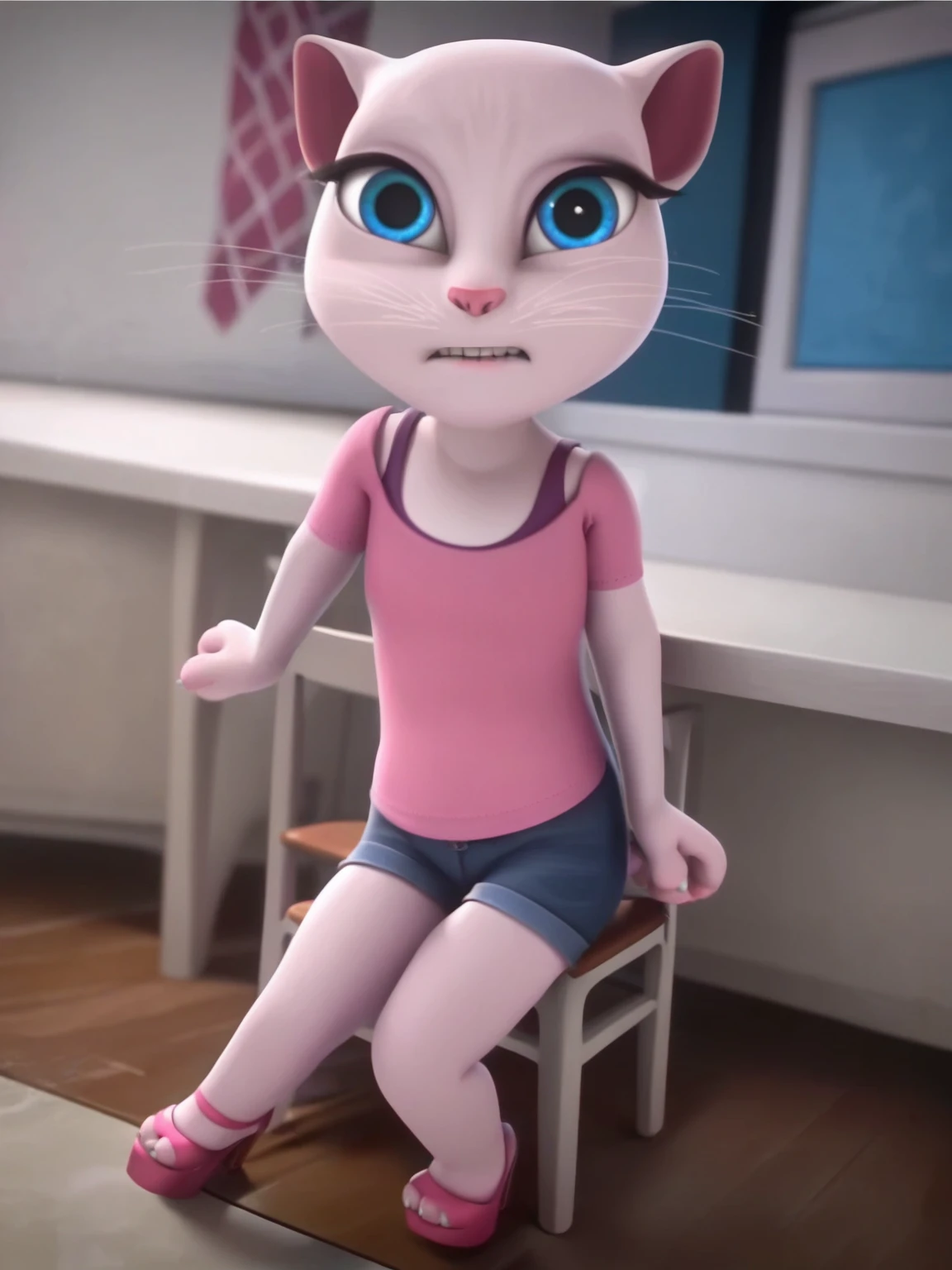 solo focus, a_la, 1girl, cat, white fur, long whiskers on both sides of the face, big bright blue eyes, big black eyelashes, small pink nose, triangular ears with pink channels, small breasts, looking at the viewer, sitting on penis, front view, fuck with legs together, platform high heels, score_9, score_8_up, score_7_up