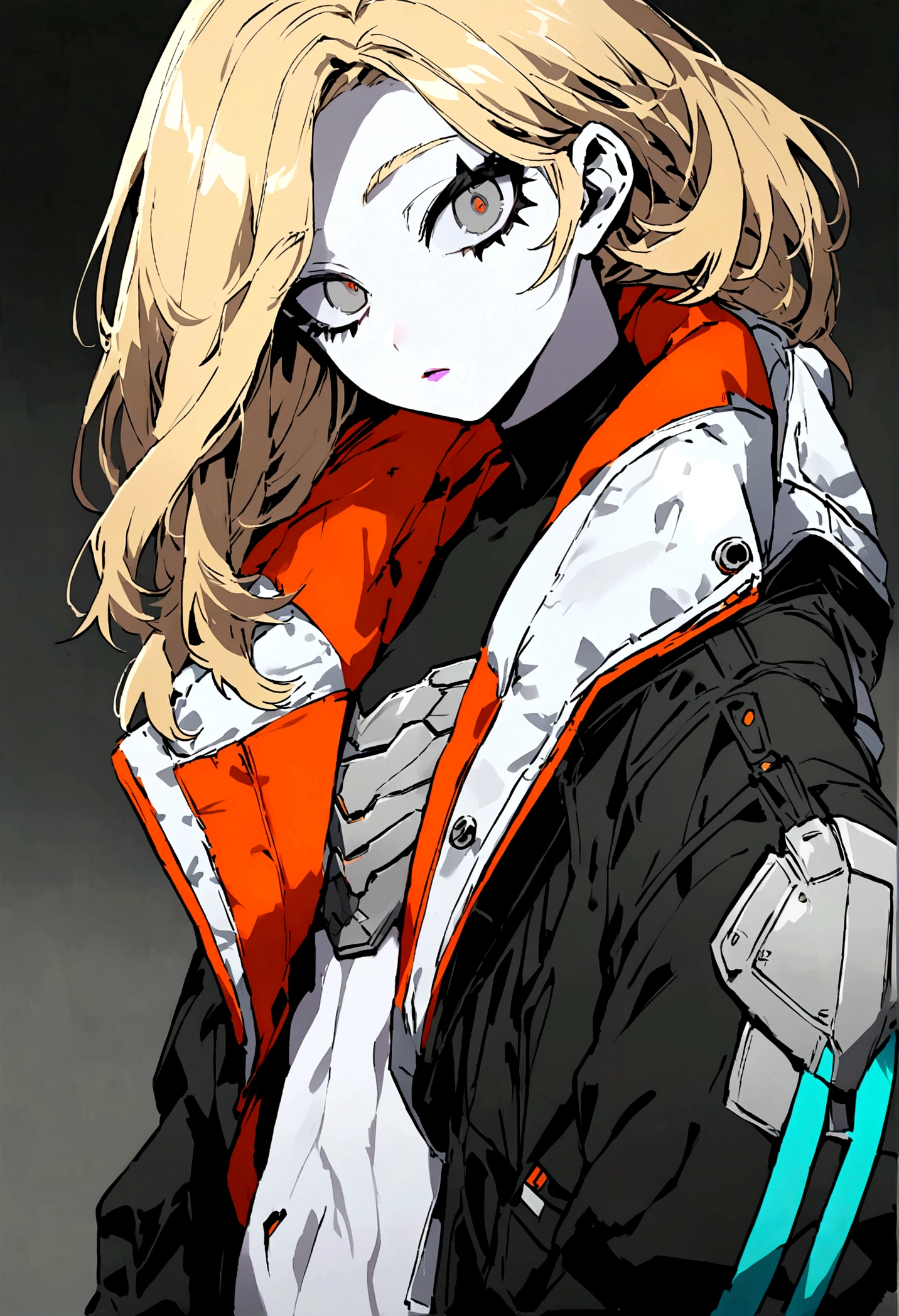 my hero academia. Young woman of 19 years old, with blonde hair. thin silver gray eyes, pale skin, sharp look with cyberpunk style hero costume.