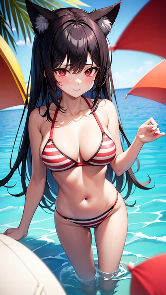 An adult woman, half fox, black hair with red stripes, pink and red eyes, in a bikini, standing, and very sexy