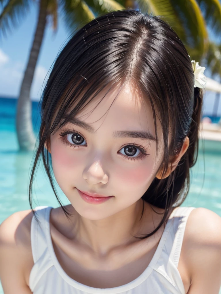 One Girl,Very cute girl at 16 years old,Big eyes:0.5,The face is facing straight ahead,Body facing forward,Beautiful nose,Fuller lips,Short black hair,ponytail,Detailed eyelashes,Thin eyebrows,Symmetrical eyes,Face close-up,White swimsuit,Portrait,View Viewer, half smile:0.5,