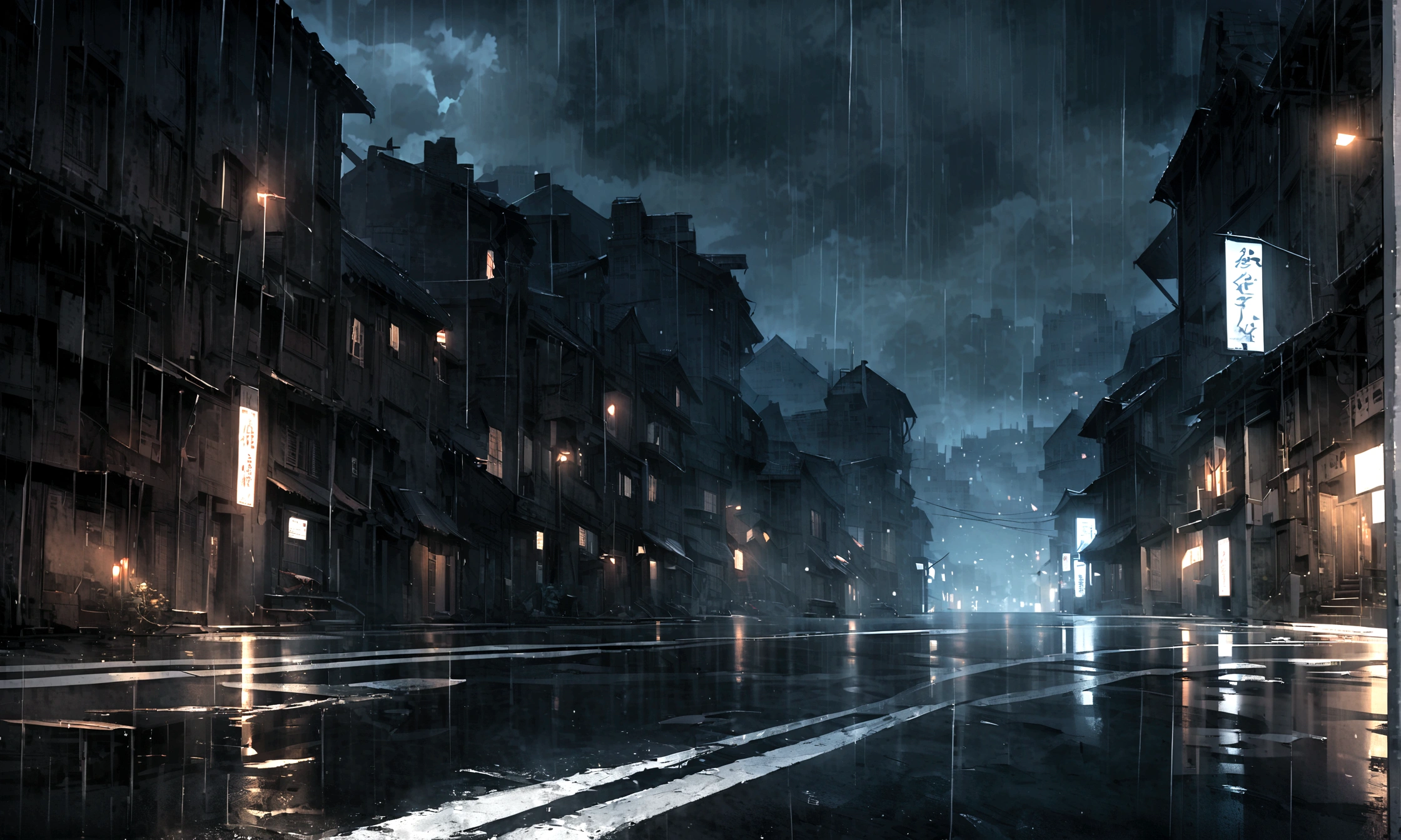 ((Black and white)),Highways at night,heavy rain,Empty town
