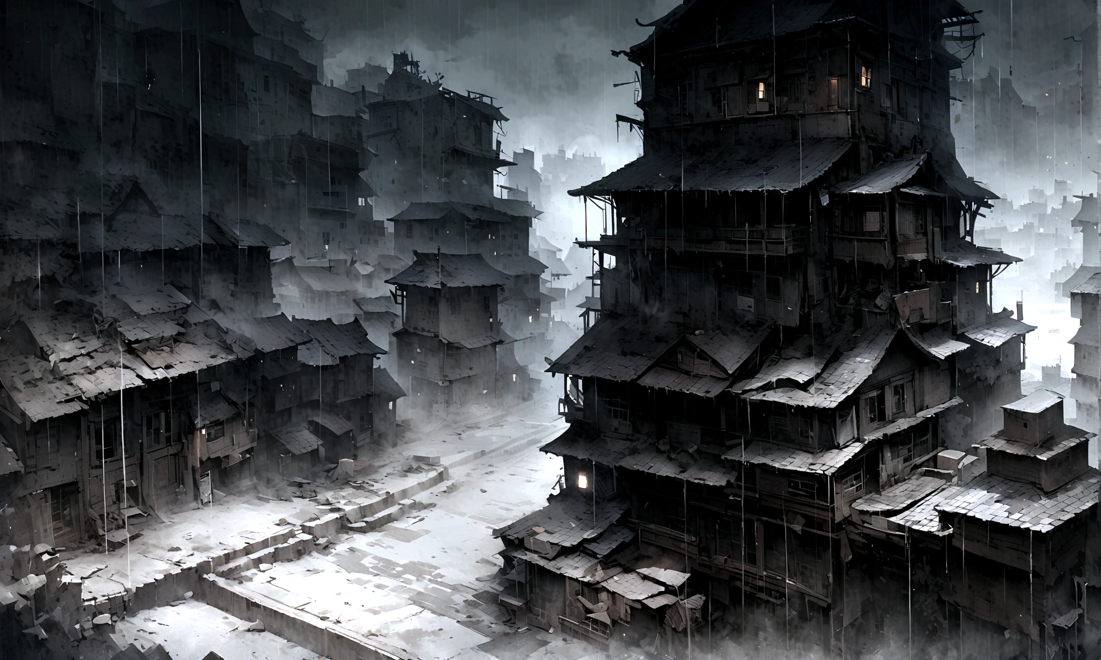 ((Black and white)),Highways at night,heavy rain,Empty town