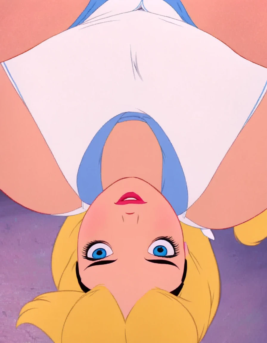 wxaliwonlan, 1girl, solo, long hair, blue eyes, blonde hair, alice, disney, masterpiece, best quality, upskirt view, full view, white panties, upside down, bare legs