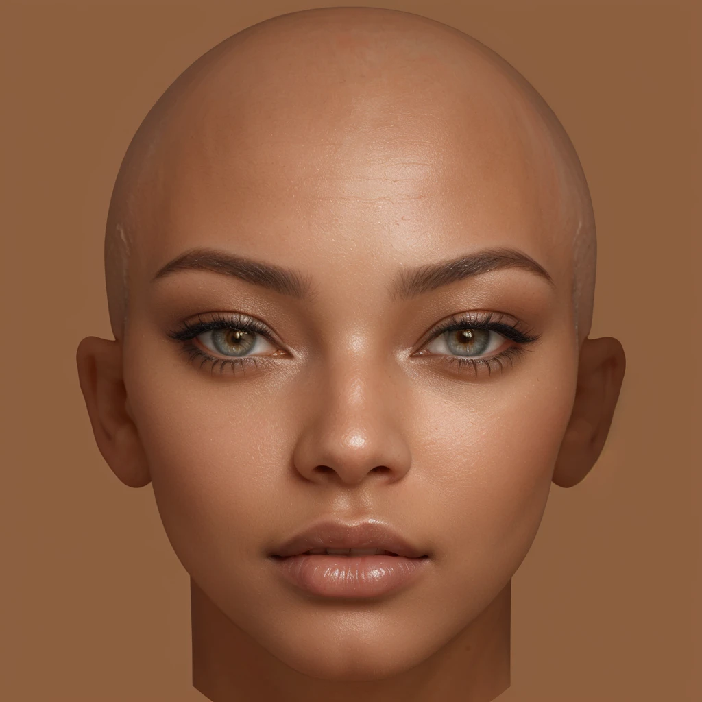 a close up of a woman with a bald head, with very highly detailed face, highly detailed realistic face, detailed realistic face, close mouth, static face, natural face, skin with glam light, realistic beautiful face, beautiful realistic face, brown skin