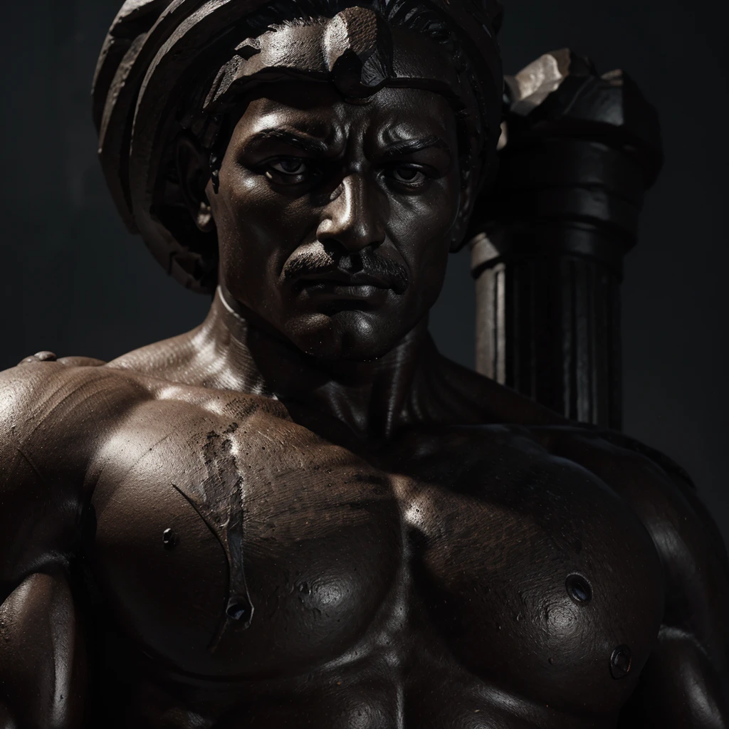 Black stoic statue, muscular, dark, ancient greek background, dark smoky background, realistic, well done, detailed, 169, 8k