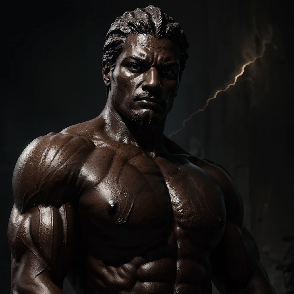 Black stoic statue, muscular, dark, ancient greek background, dark smoky background, realistic, well done, detailed, 169, 8k