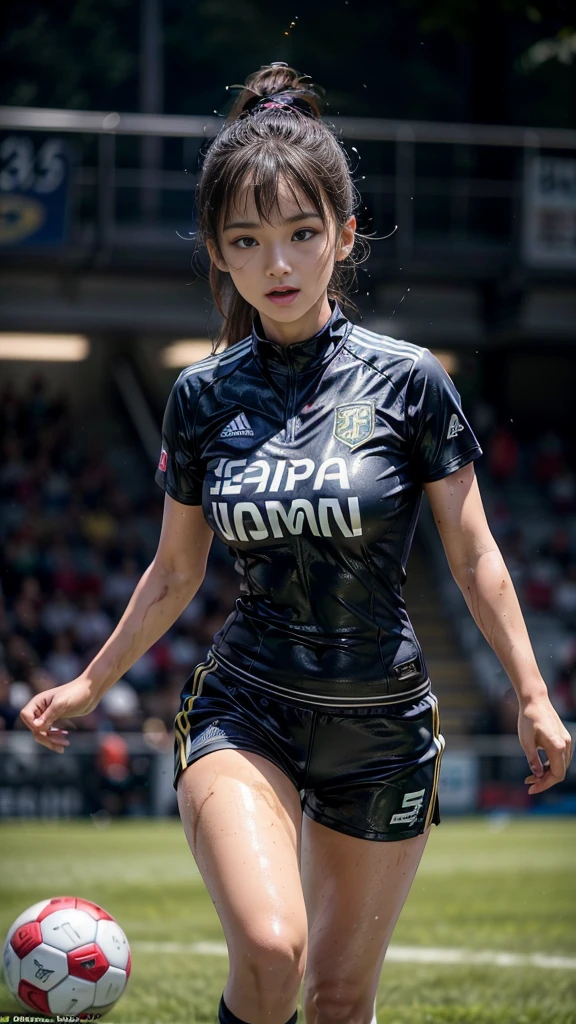 Highest quality, High resolution:1.2, Very detailed, Realistic:1.3, ((Beautiful woman))、((Super tight uniform))、((Super big breasts))、(The abdomen is visible)、Vibrant colors, play soccer,((Blunt bangs))、Various Hair Styles、Different hair colors、With bangs、Wet Hair, concentrate, splash, Action Shots, Grass blotches, Muddy ground, Wet turf, decide, Fast-paced games, Athletic physique, Shiny soccer ball, Wet Uniform, raindrop, Blurred motion, ボールにconcentrateする, Intense competition, Skillful dribbling, Energetic play, Teamwork, powerful shoots, Wet pitch, Passionate sports, Fierce decide, Humid atmosphere, Fluid movement, emotional expression、Dramatic lighting, Women's Sports, Avid athletes, Exciting Games, Endure, Excited state, Speed and agility, Energetic play, 濡れたsplash、smile、Red Uniform