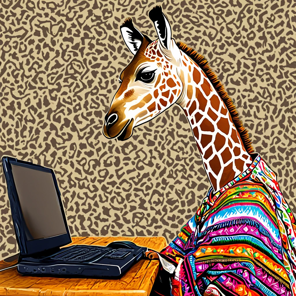 a giraffe with a llama wearing a traditional mexican dress, quechua folklore illustration, using a computer, quechua style, bolivian cholitas, peruvian looking, happy expression, llama, peru, llama all the way, traditional costume, inca clothing