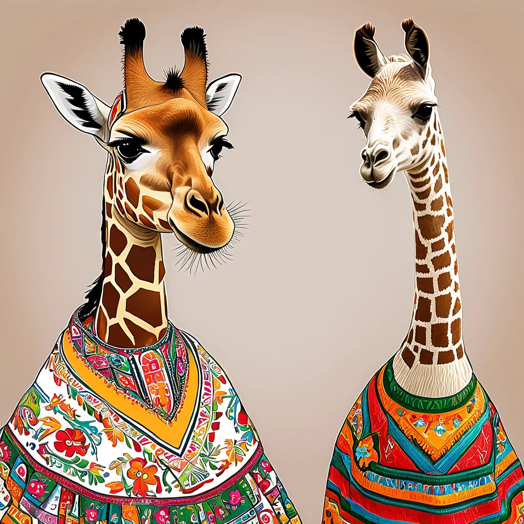 a giraffe with a llama wearing a traditional mexican dress, quechua folklore illustration, using a computer, quechua style, bolivian cholitas, peruvian looking, happy expression, llama, peru, llama all the way, traditional costume, inca clothing