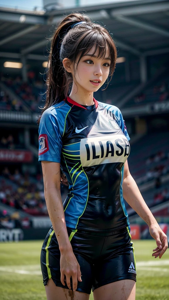 Highest quality, High resolution:1.2, Very detailed, Realistic:1.3, ((Beautiful woman))、((Super tight uniform))、((Super big breasts))、(The abdomen is visible)、Vibrant colors, play soccer,((Blunt bangs))、Various Hair Styles、Different hair colors、With bangs、Wet Hair, concentrate, splash, Action Shots, Grass blotches, Muddy ground, Wet turf, decide, Fast-paced games, Athletic physique, Shiny soccer ball, Wet Uniform, raindrop, Blurred motion, ボールにconcentrateする, Intense competition, Skillful dribbling, Energetic play, Teamwork, powerful shoots, Wet pitch, Passionate sports, Fierce decide, Humid atmosphere, Fluid movement, emotional expression、Dramatic lighting, Women's Sports, Avid athletes, Exciting Games, Endure, Excited state, Speed and agility, Energetic play, 濡れたsplash、smile、Red Uniform