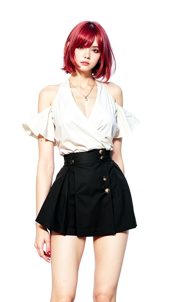 1 girl, short hair, pink red color hair, choclote eyes color, white suit, black mini skirt, beautiful girl, cool girl, sexy girls, ultra detail, realistic, cosplayer, 80 mn lens 