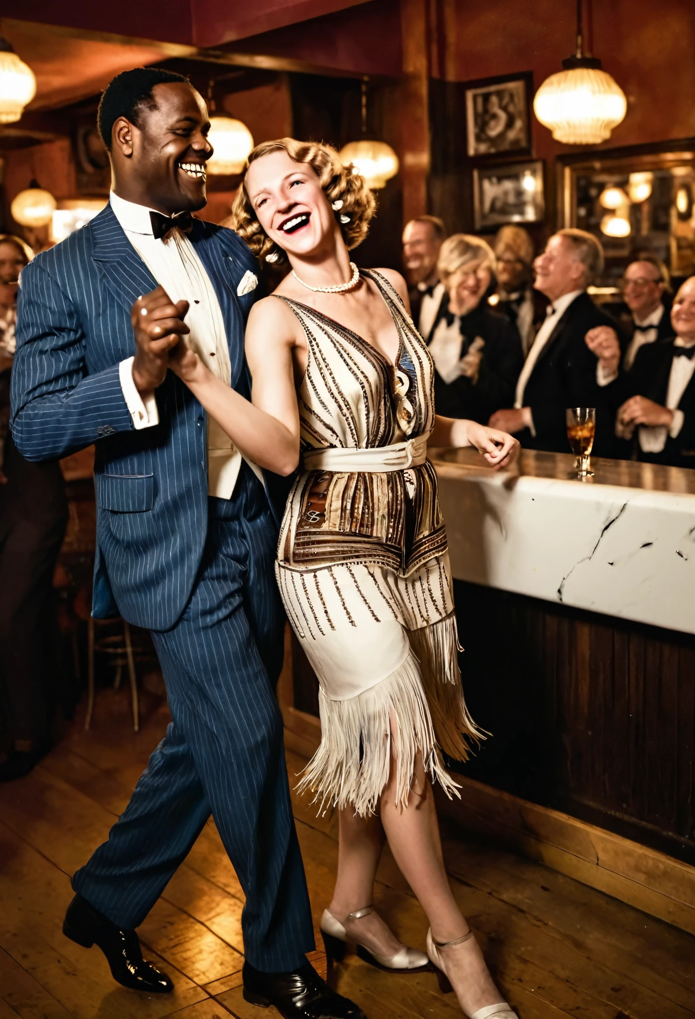Black man dressed in a 1920s style African designed suit and white German woman dressed in 1920s style European attire, both smiling and dancing together, spotlight shines on them as a jazz band plays music in the background. In a bar full of joyous people. 1920s style of art.
