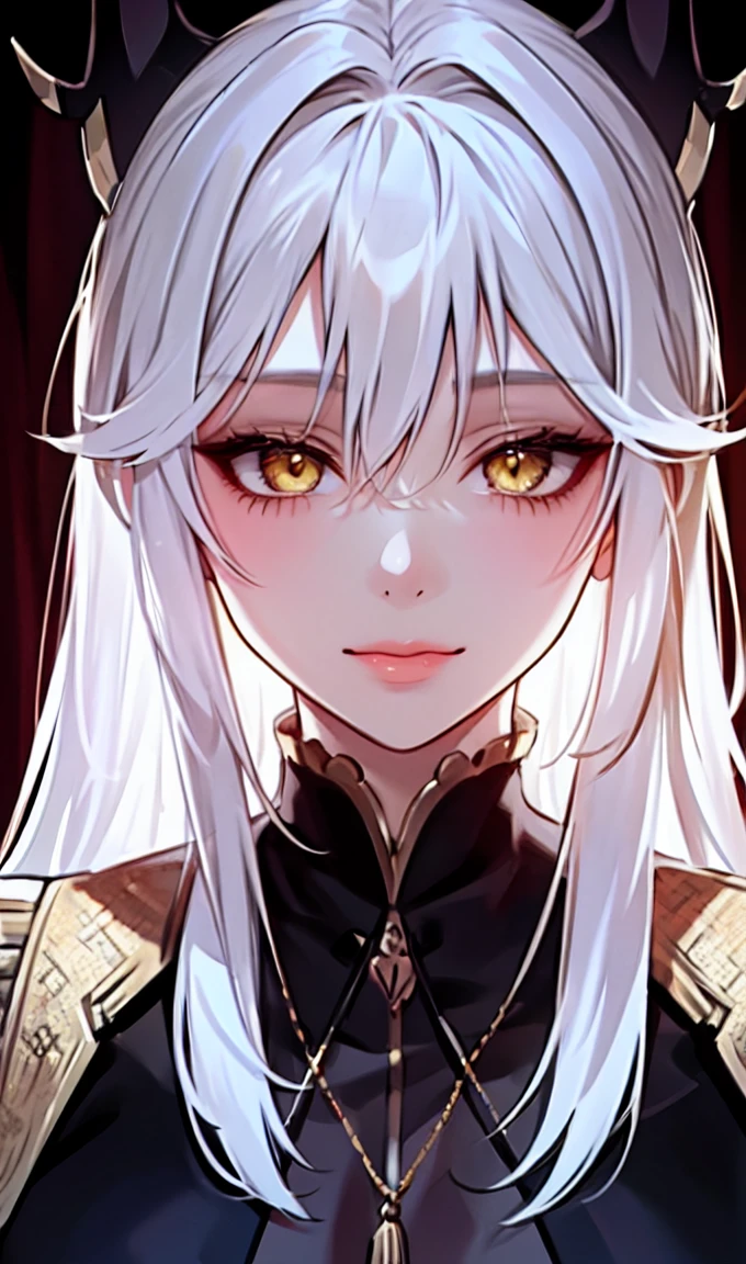1girl, portrait, solo,lips, female focus, yellow eyes, looking at viewer, white hair, long hair, closed mouth, smile