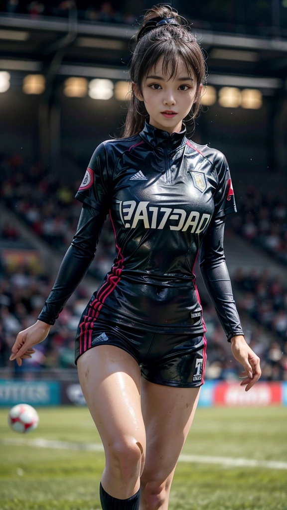 Highest quality, High resolution:1.2, Very detailed, Realistic:1.3, ((Beautiful woman))、((Super tight uniform))、((Super big breasts))、(The abdomen is visible)、Vibrant colors, play soccer,((Blunt bangs))、Various Hair Styles、Different hair colors、With bangs、Wet Hair, concentrate, splash, Action Shots, Grass blotches, Muddy ground, Wet turf, decide, Fast-paced games, Athletic physique, Shiny soccer ball, Wet Uniform, raindrop, Blurred motion, ボールにconcentrateする, Intense competition, Skillful dribbling, Energetic play, Teamwork, powerful shoots, Wet pitch, Passionate sports, Fierce decide, Humid atmosphere, Fluid movement, emotional expression、Dramatic lighting, Women's Sports, Avid athletes, Exciting Games, Endure, Excited state, Speed and agility, Energetic play, 濡れたsplash、smile、Red Uniform