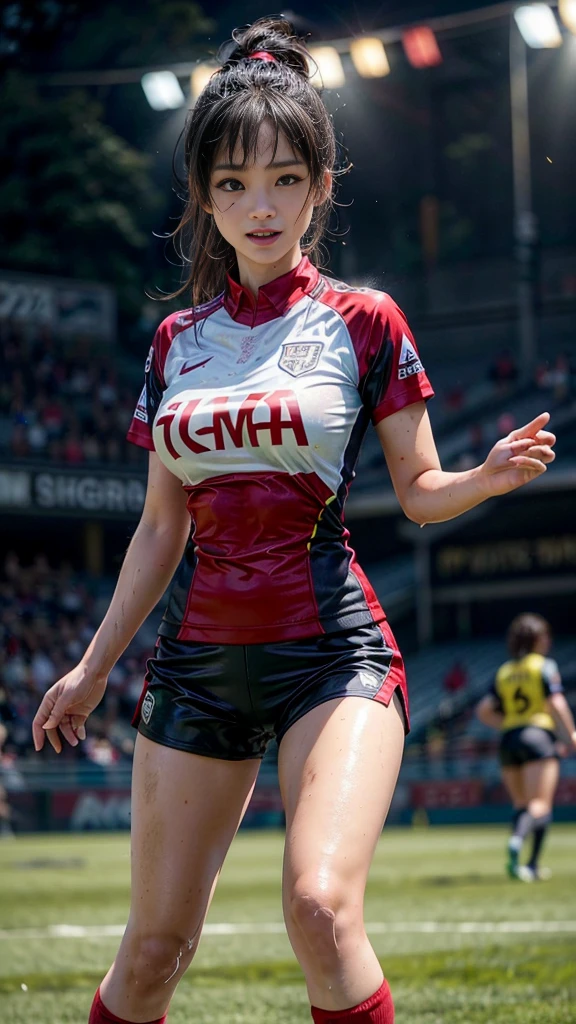 Highest quality, High resolution:1.2, Very detailed, Realistic:1.3, ((Beautiful woman))、((Super tight uniform))、((Super big breasts))、(The abdomen is visible)、Vibrant colors, play soccer,((Blunt bangs))、Various Hair Styles、Different hair colors、With bangs、Wet Hair, concentrate, splash, Action Shots, Grass blotches, Muddy ground, Wet turf, decide, Fast-paced games, Athletic physique, Shiny soccer ball, Wet Uniform, raindrop, Blurred motion, ボールにconcentrateする, Intense competition, Skillful dribbling, Energetic play, Teamwork, powerful shoots, Wet pitch, Passionate sports, Fierce decide, Humid atmosphere, Fluid movement, emotional expression、Dramatic lighting, Women's Sports, Avid athletes, Exciting Games, Endure, Excited state, Speed and agility, Energetic play, 濡れたsplash、smile、Red Uniform