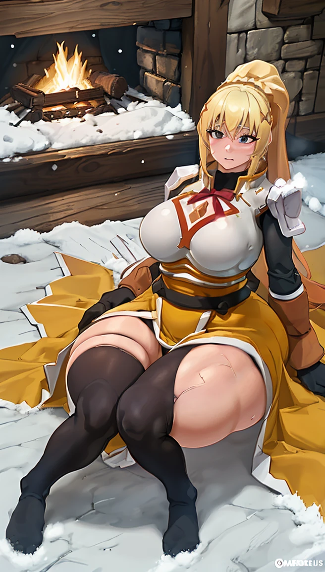 Darkness \(KONOSUBA\), Darkness from KONOSUBA, (wearing no armor Darkness), (((big breasts, big ass, wide hips, thick thighs))), sitting inside wooden cab, snowing outside, laying next to fireplace, anime style, super detailed,