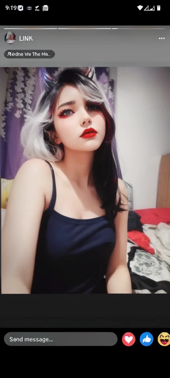 A girl wearing (((red))) hoodie with devil horn on it, red pupil, red lips, black white hair