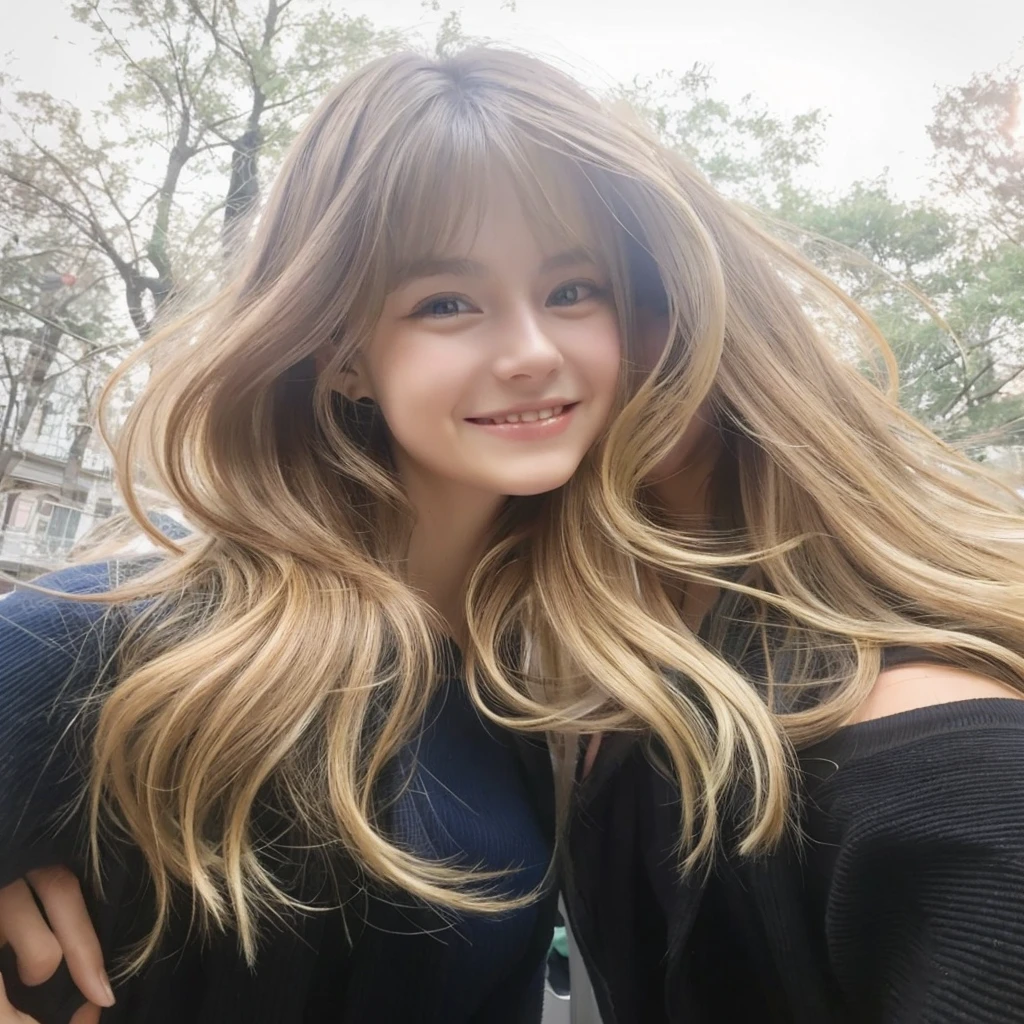 Tall teenage girl with silky shiny hair, blonde with bangs and blue-green eyes, taking a photo smiling with a brunette girl with dark brown eyes with bangs and wavy hair