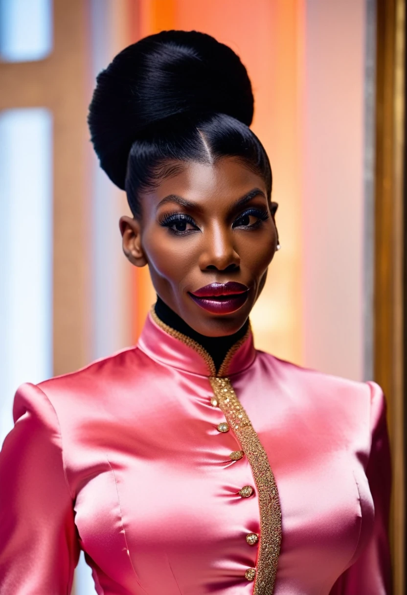 evil Michaela Coel wearing a closed satin skintight silk buttoned mandarin collar abaya with large shoulder-pads and extremely tight satin belt, tight hairbun, silk gloves, small waist, wide hips and torso, (insane wide eye stare:1.2), (muscular arms), ((flared nostrils + nostrils dilate + nostrils enlarge + nostrils expand)), large shoulder-pads, extremely cinched small waist,