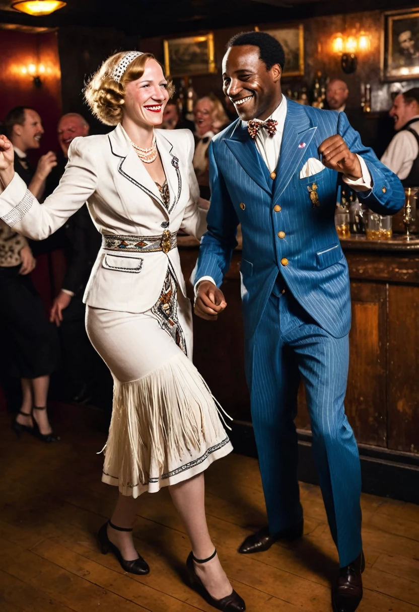 Black man dressed in a 1920s style African designed suit and white German woman dressed in 1920s style European attire, both smiling and dancing together, spotlight shines on them as a jazz band plays music in the background. In a bar full of joyous people. 1920s style of art.