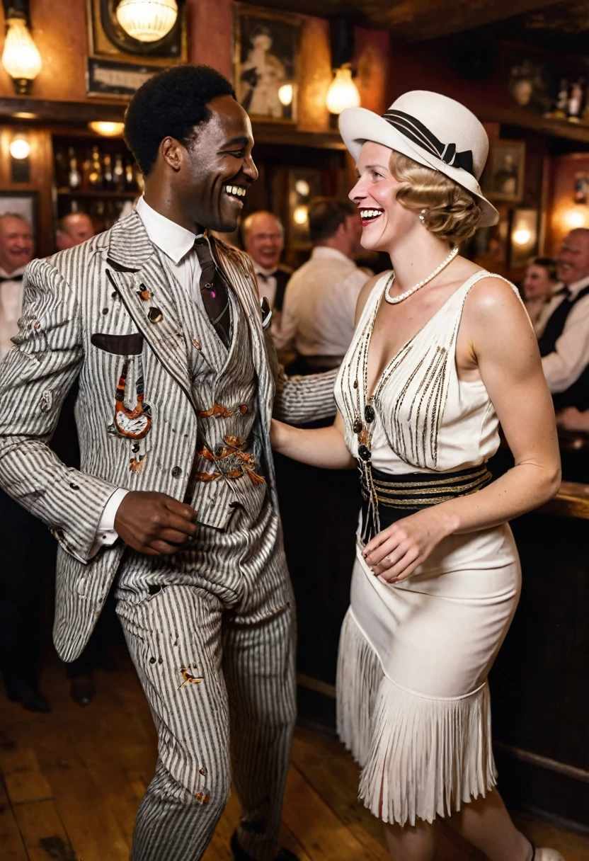 Black man dressed in a 1920s style African designed suit and white German woman dressed in 1920s style European attire, both smiling and dancing together, spotlight shines on them as a jazz band plays music in the background. In a bar full of joyous people. 1920s style of art.
