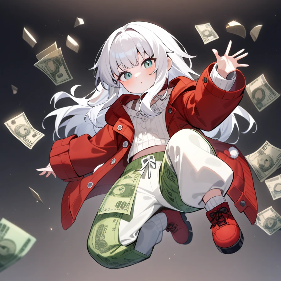 ,1girl,solo,full body,,Clara,red jacket,jacket,long sleeves,closed clothes,sweater,dollar bill pants, dollar pants, dollar bills on pants, white pants with green 100 dollar bill pattern,looking_at_viewer,masterpiece, best quality, very aesthetic, absurdres