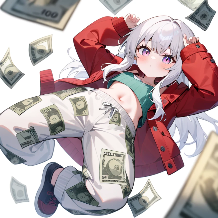 ,1girl,solo,full body,,Clara,red jacket,jacket,long sleeves,closed clothes,sweater,dollar bill pants, dollar pants, dollar bills on pants, white pants with green 100 dollar bill pattern,looking_at_viewer,masterpiece, best quality, very aesthetic, absurdres